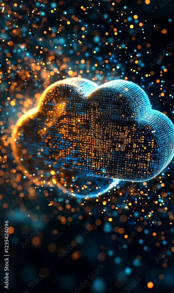 Poster digital cloud of data particles on dark background, ideal for tech concepts