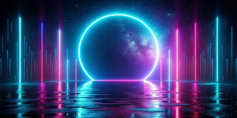 Abstract Neon Circle Gateway Reflecting in Dark Water with Vibrant Light Streaks