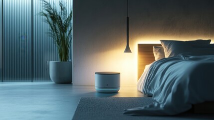 A serene image of a smart sleep tracker and ambient lighting in a minimalist bedroom, Sleep technology scene, Relaxed style