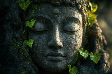 Obraz premium Serene Buddha statue, overgrown with ivy, forest background, meditation