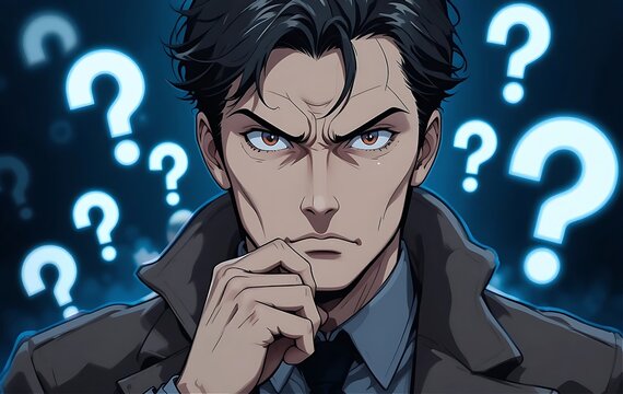 Deep in Thought – A serious anime detective with intense eyes, stroking his chin in deep thought. (Dark blue background with floating question marks)