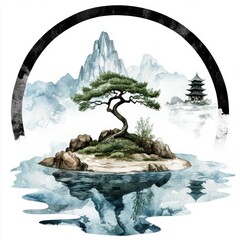 Fototapeta premium Serene Island Scene with Ancient Pagoda and Majestic Mountains