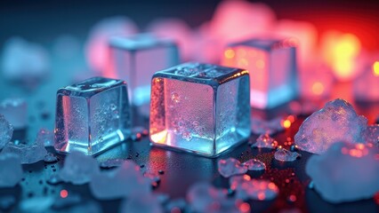 Melting ice cubes with snow on a reflective surface illuminated by red light	