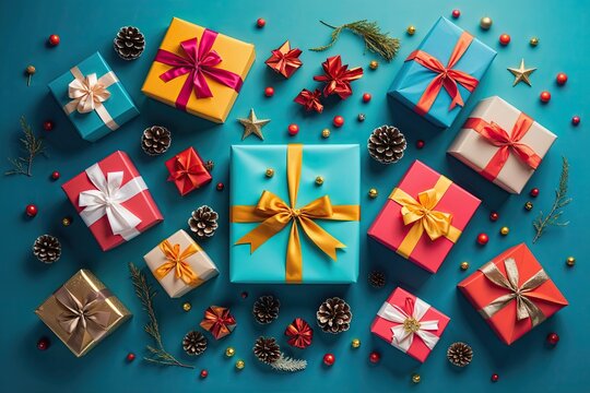 Vibrant Present Arrangement on Aquamarine: Stylish Gifts, Decoration, and Charming Backdrop for Celebrations