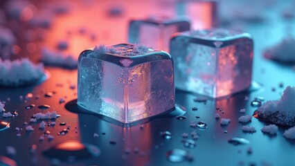 Melting ice cubes with snow on a reflective surface illuminated by red light	