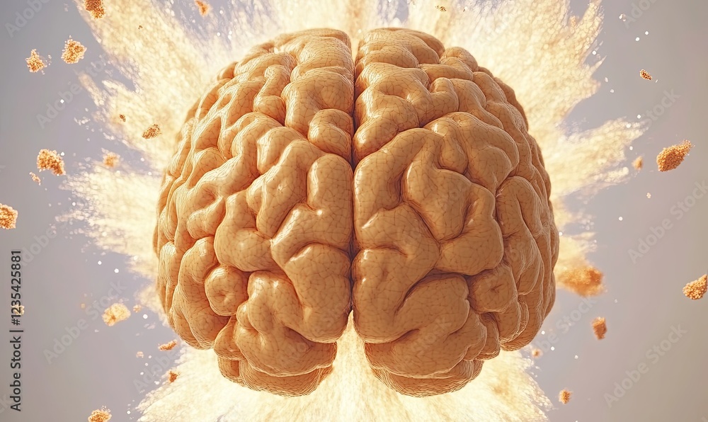 Poster exploding brain with debris on light background, concept of mental overload