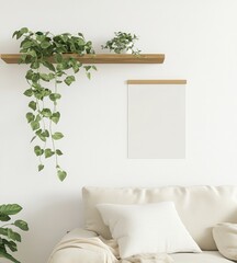 A modern living room featuring a minimalist design with a cream sofa, a wooden shelf adorned with plants, and a blank wall space for decor.