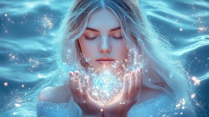Enchanting Woman Holding Magical Light in Mystical Water Setting