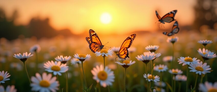 Fototapeta Monarch butterflies in a field of wildflowers