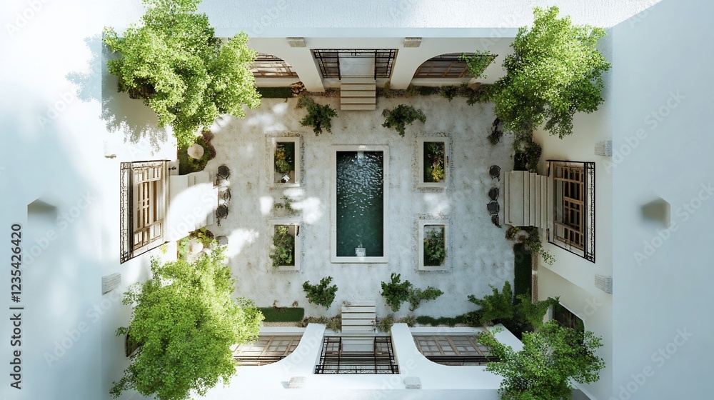 Poster overhead view of a courtyard with a pool surrounded by trees and white walls