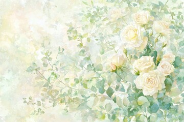 Soft White Roses with Green Leaves in Gentle Watercolor Background