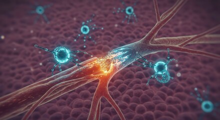 Nerve Damage and Inflammation: Microscopic view of nerve damage and inflammation, with vibrant glowing cells and intricate details highlighting the affected area.