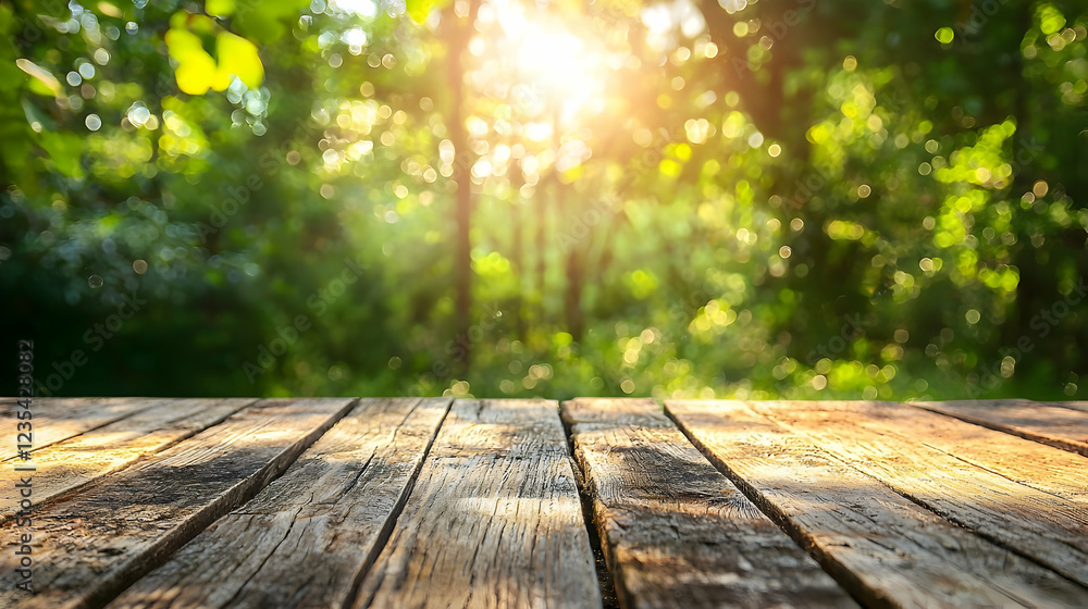 Poster sunlight streaming through trees onto a wooden table in a serene forest setting