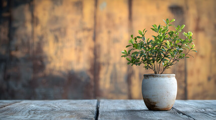 Small green plant in a rustic pot on a wooden table with a weathered background