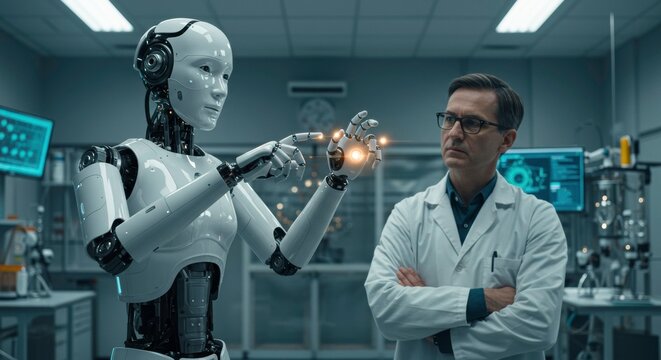 The Future of Innovation: A futuristic image of a humanoid robot and a scientist working together in a high-tech laboratory. The robot's glowing hand suggests a cutting-edge invention.