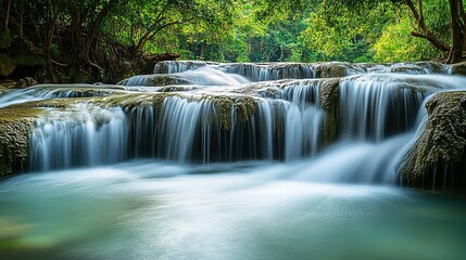 Obraz premium Serene Waterfall Cascading Over Smooth Rocks in Lush Green Forest