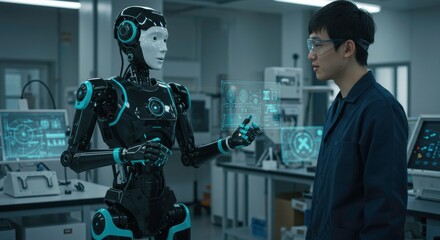 Human-Robot Collaboration: A scientist interacts with an advanced humanoid robot, utilizing a futuristic holographic interface in a high-tech laboratory setting.