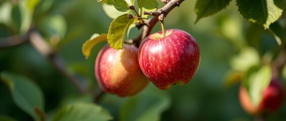 A ripe, juicy apple on a tree branch, surrounded by green leaves