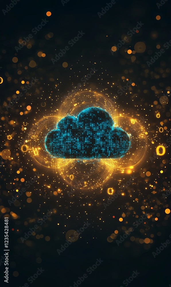Poster glowing blue cloud with data particles on dark digital background, ideal for tech concepts