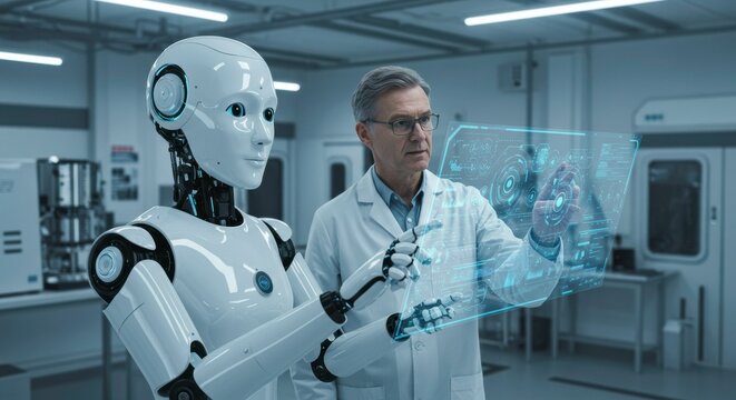 Humanoid Robot and Scientist Collaborate: A sophisticated humanoid robot and a seasoned scientist work together, examining a holographic interface in a modern laboratory.