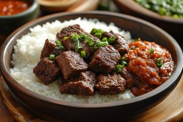 Beef stew, rice, chili sauce, close-up, food blog