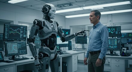 Humanoid Robot and Scientist: A futuristic scene depicting a sophisticated humanoid robot interacting with a male scientist in a high-tech laboratory setting.