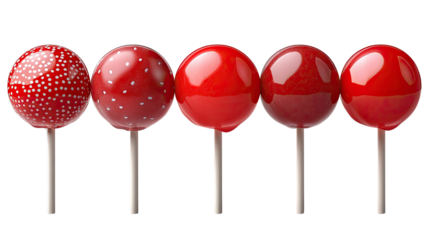Candy Dreams: Five vibrant, cherry-red lollipops arranged in a row, each with unique textural details, evoking a sense of pure delight and sweet indulgence.