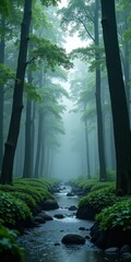 A serene forest with a babbling brook and towering trees