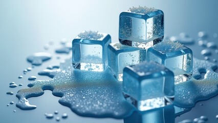 Melting ice cubes with water droplets on a smooth blue surface in soft light	