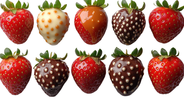 Chocolate-Covered Strawberries:  A delightful assortment of fresh strawberries dipped in rich, decadent chocolate, showcasing various dipping techniques and colors. Perfect for Valentine's Day.