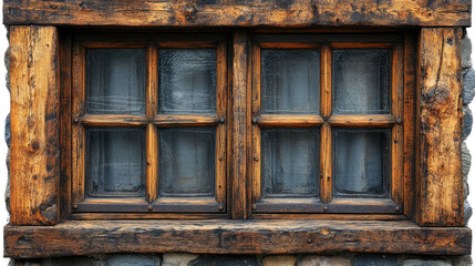 Fototapeta premium Rustic Charm: An aged, weathered wooden window frame set in a stone wall, showcasing a blend of natural materials, textures, and inviting light.