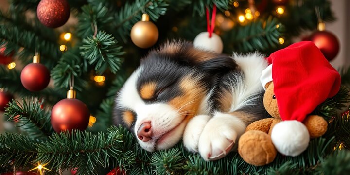 Australian shepherd puppy sleeping in a red Santa hat with a toy bear, in front of a Christmas tree, Christmas tree, sleeping, pet
