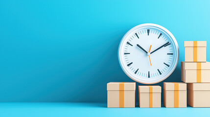 large white clock with black hands and numbers is placed against blue background, next to several stacked cardboard boxes with orange stripes, symbolizing time management and delivery efficiency