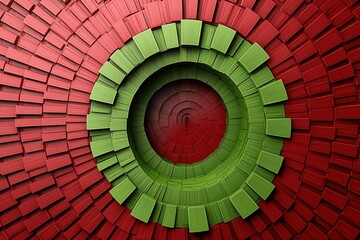 A circular arrangement of green and red blocks creates a striking, visually appealing pattern, emphasizing geometric design and color contrast.