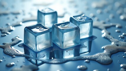 Melting ice cubes with water droplets on a smooth blue surface in soft light	