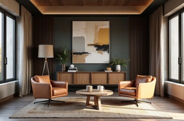 Fototapeta premium A serene and inviting room with a large abstract painting, two brown leather chairs, and a wooden coffee table
