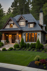 Luxury Stone House Exterior at Night: Modern Home Design, Real Estate, Architecture