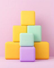 Obraz premium A colorful arrangement of soft, square blocks in pastel shades stacked against a pink background, creating a playful and modern aesthetic.