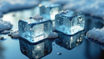 Melting irregular ice cubes with water droplets on a reflective wet surface	
