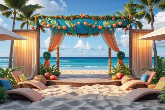 3D Ocean Stage Scene with Beach Background Sand and Sky Elements
