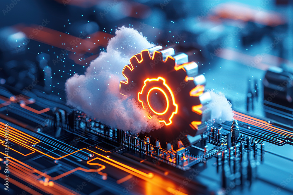 Poster glowing gear and cloud symbolizing cloud computing and technology integration on circuit board, with