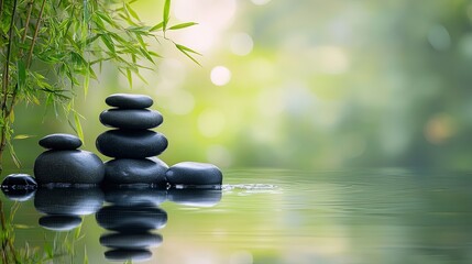 Obraz premium Tranquil Zen Garden with Balanced Rocks and Gentle Water Reflection