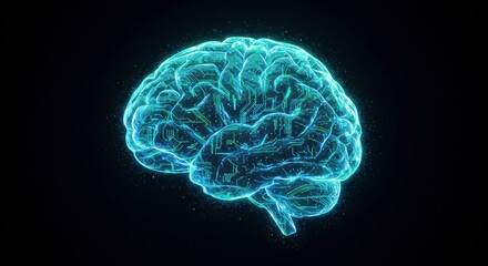 Glowing Human Brain: A mesmerizing digital rendering of a human brain, glowing with vibrant turquoise energy, set against a dark background.