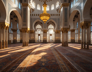 Obraz premium Mosque Sunlight Pillars, Sunlight streams through the pillars of a mosque.