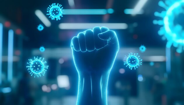 A raised fist defying coronavirus particles in a digital space