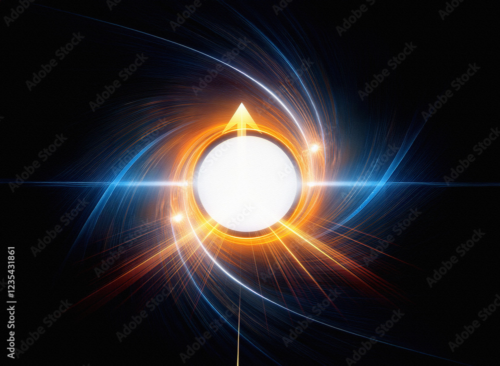 Poster abstract swirling energy forms a vortex around a central white circle, radiating light and power. or