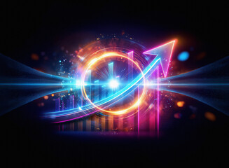 Obraz premium Glowing neon arrows and circular graph surge upward, symbolizing growth and progress within a vibrant, energetic, and futuristic digital landscape. Light streaks and particles add to the dynamic visu