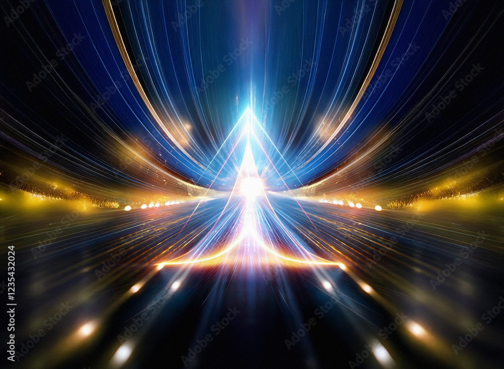 Poster Abstract image depicting a vibrant, luminous pathway converging towards a radiant, triangular apex.  The scene is filled with dynamic streaks of light and color, suggesting speed and energy.