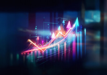 A digital graph with an upward trend line in orange and cyan, set against a dark blue background.