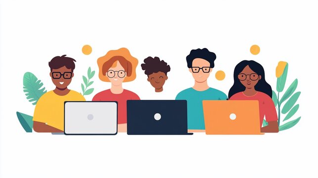 Five people using laptops, diverse group, online collaboration and communication illustration